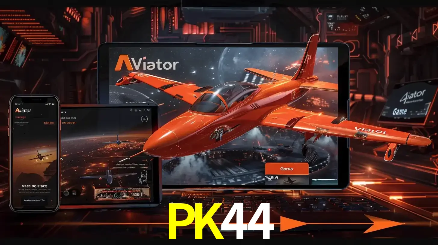 Apresentação tecnológica do jogo Aviator com um avião saindo da tela de um tablet, demonstrando a experiência imersiva em múltiplos dispositivos no PK44.