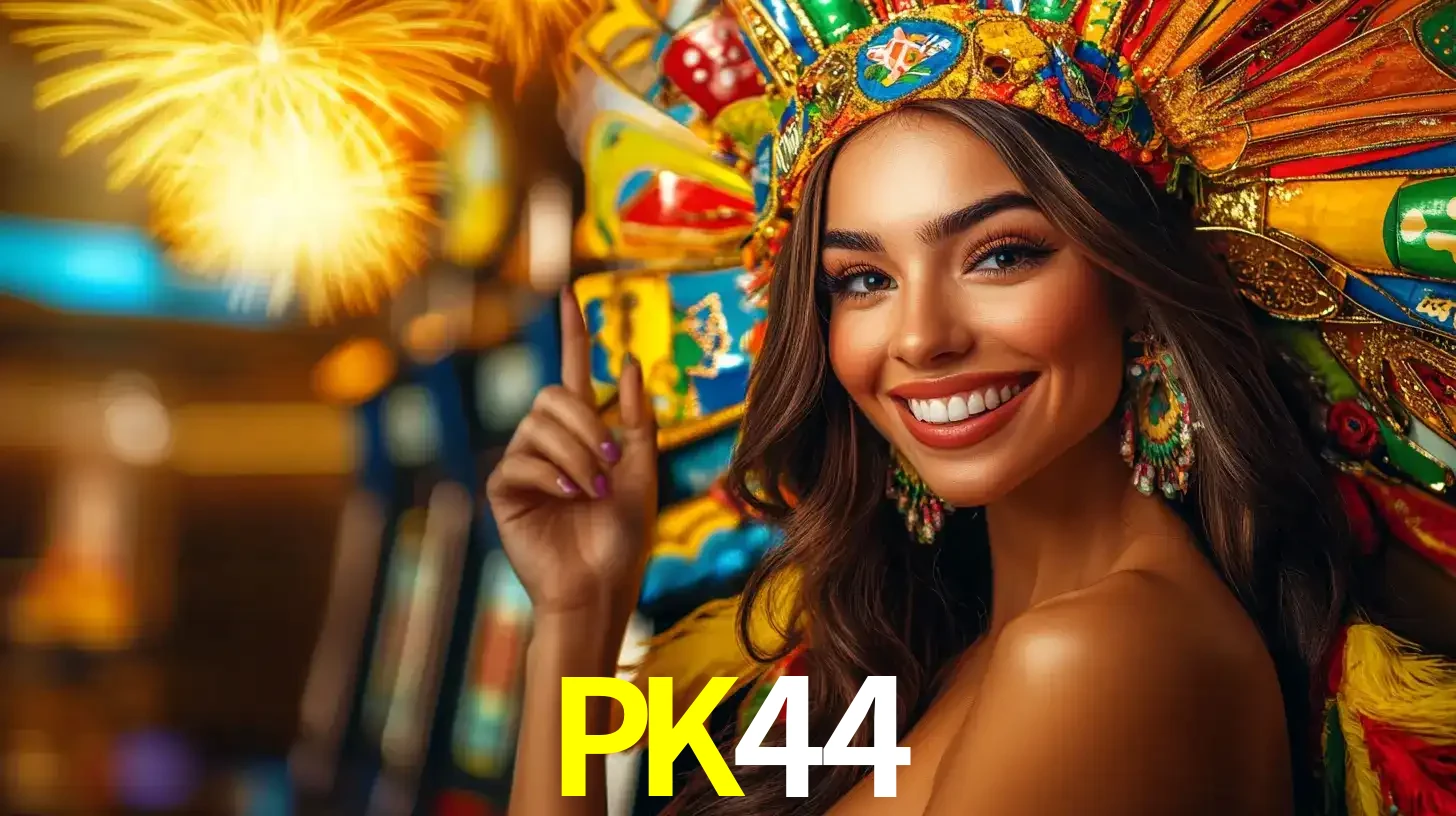 Mulher sorridente com um cocar de carnaval vibrante e colorido, celebrando uma grande vitória nos jogos do cassino PK44 com fogos de artifício ao fundo.