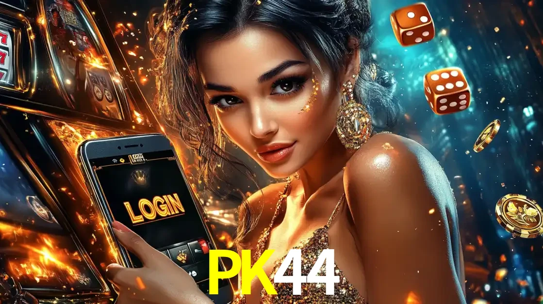 Mulher glamourosa segurando um celular com a tela de login do cassino PK44, rodeada por dados e moedas douradas, pronta para começar a diversão.