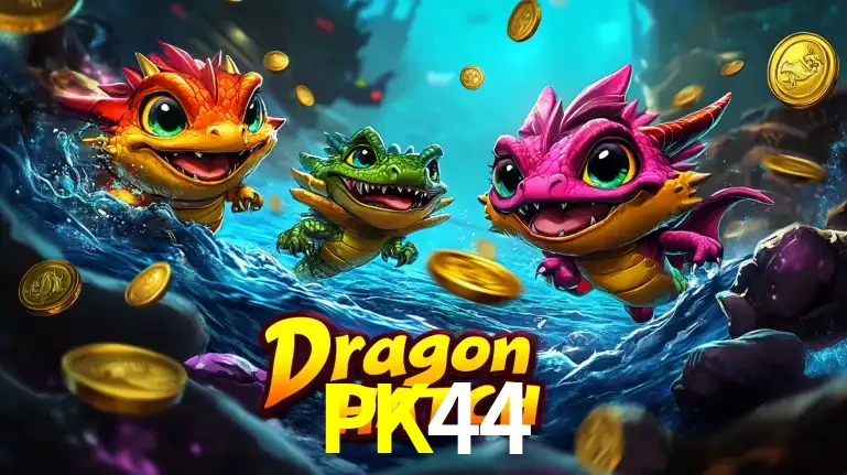 Arte promocional do jogo Dragon Hatch com três adoráveis dragões bebês nadando entre moedas de ouro, um dos slots mais divertidos para jogar no cassino PK44.