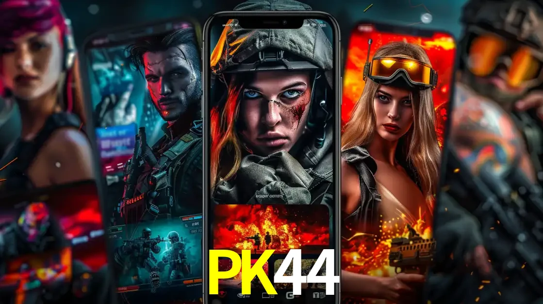 Montagem de telas de celular mostrando diversos personagens, masculinos e femininos, de um jogo de tiro, ilustrando a diversidade de equipes de e-sports para apostar no PK44.