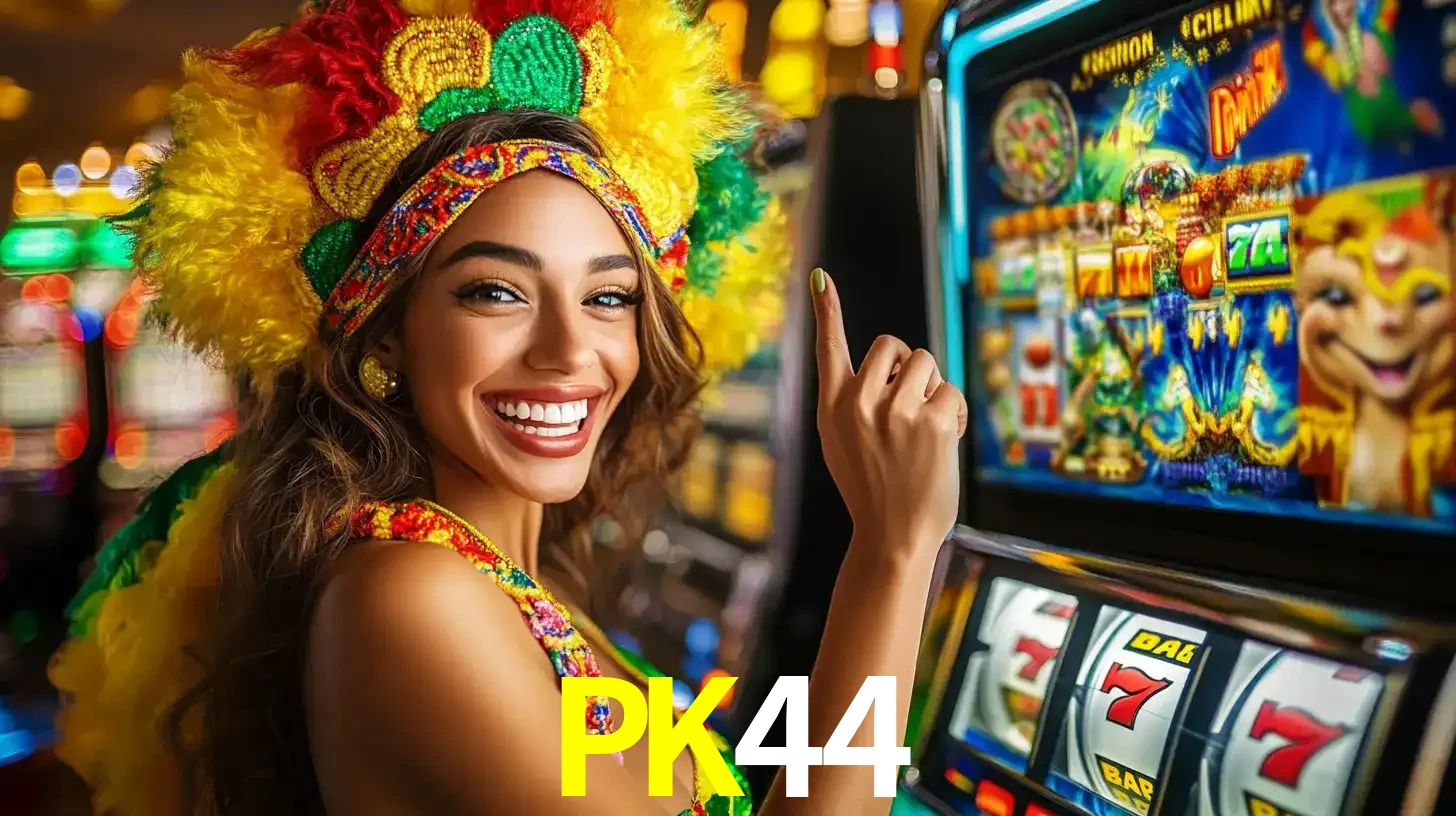 Mulher animada com um cocar de carnaval apontando para uma máquina de caça-níqueis, mostrando a emoção de ganhar um grande prêmio nos jogos do PK44.