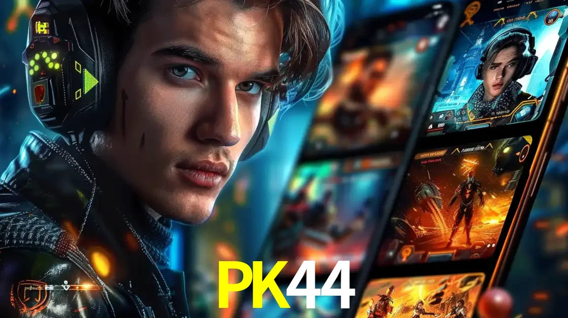 Jovem jogador com fones de ouvido olhando para a câmera, com um aplicativo de jogos e e-sports para celular ao fundo, pronto para a competição e apostas no PK44.