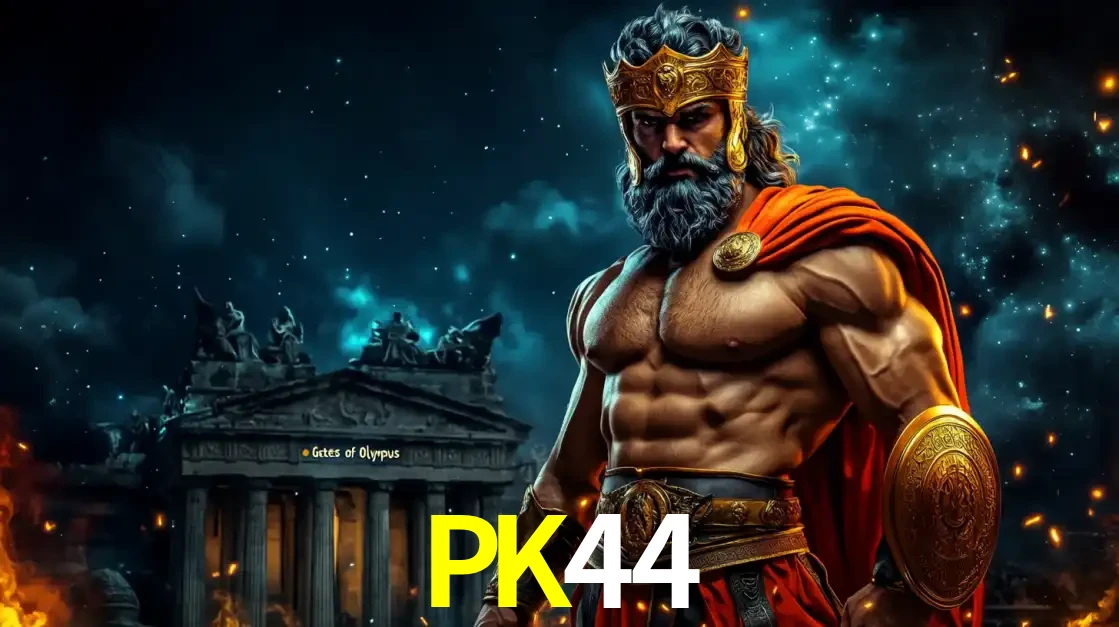 O poderoso Zeus do jogo de slot Gates of Olympus em frente ao seu templo, pronto para lançar multiplicadores divinos e prêmios épicos no cassino online PK44.