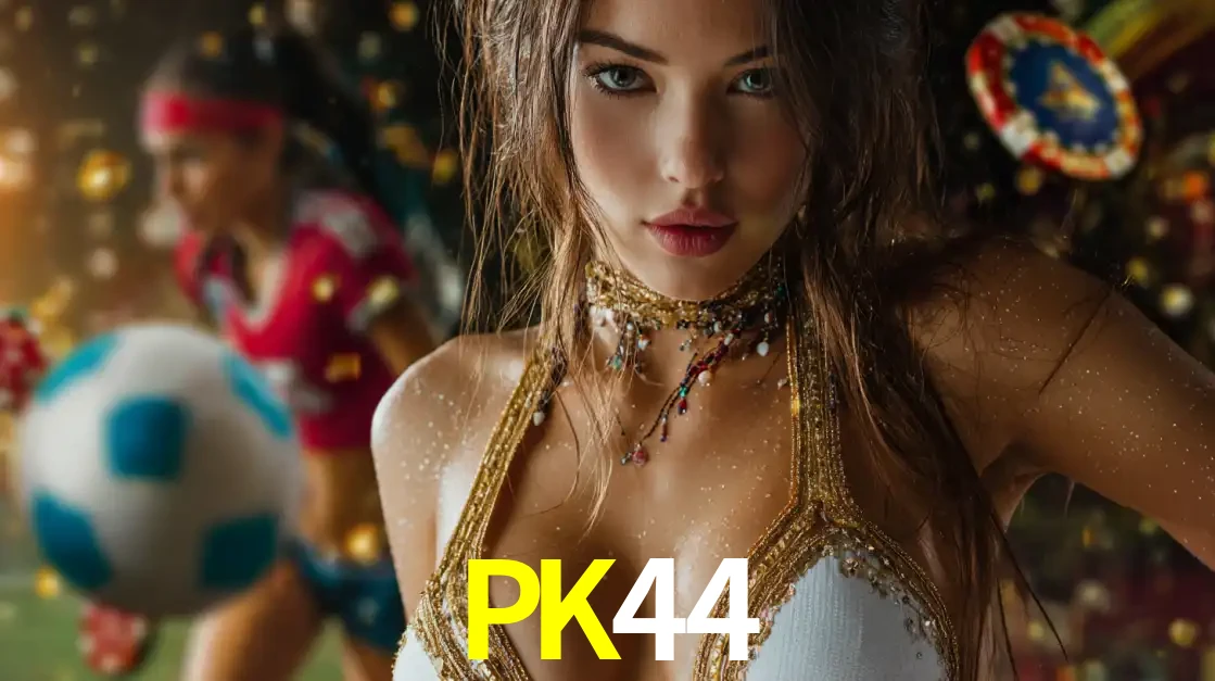 Mulher elegante representando a combinação de glamour e emoção das apostas esportivas, com uma jogadora de futebol ao fundo, destacando a ação no PK44.