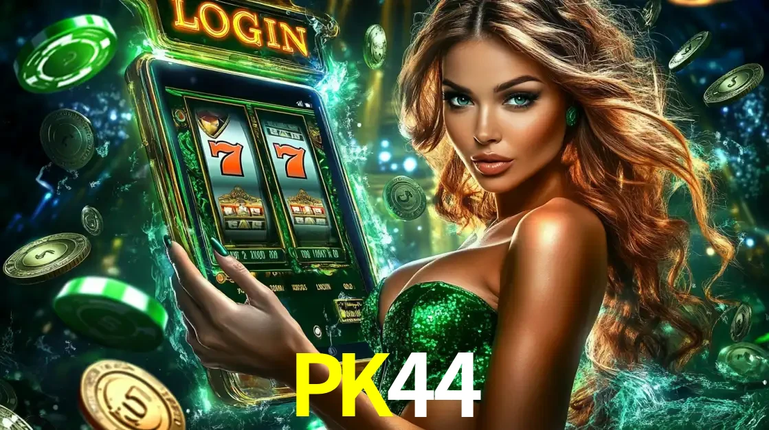Mulher com tema verde apresentando o aplicativo do cassino PK44 com um jogo de slot de 777, cercada por fichas de cassino e uma aura de sorte.
