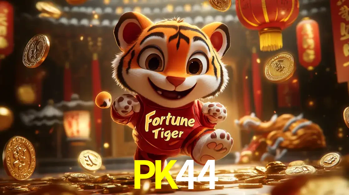 O alegre personagem do Fortune Tiger correndo sobre um caminho de moedas de ouro, simbolizando os grandes prêmios e a diversão do popular jogo de slot do PK44.