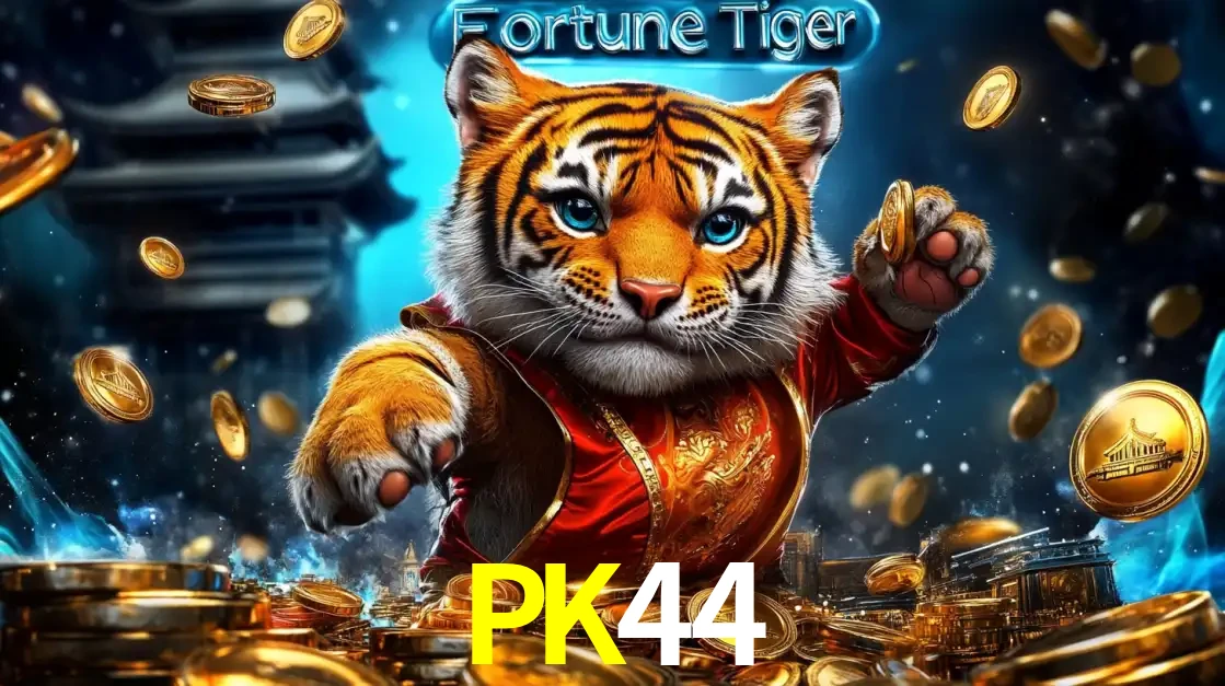 Imagem promocional do jogo de slot Fortune Tiger, com um tigre majestoso em traje tradicional cercado por uma fortuna em moedas de ouro, disponível agora no cassino PK44.