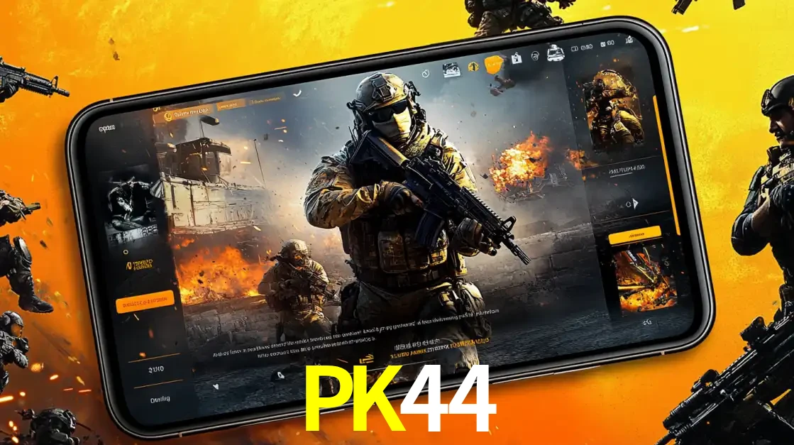 Um smartphone exibindo a interface de um jogo de tiro em primeira pessoa, com um soldado em um cenário de batalha, representando a ação dos e-sports para apostar no PK44.