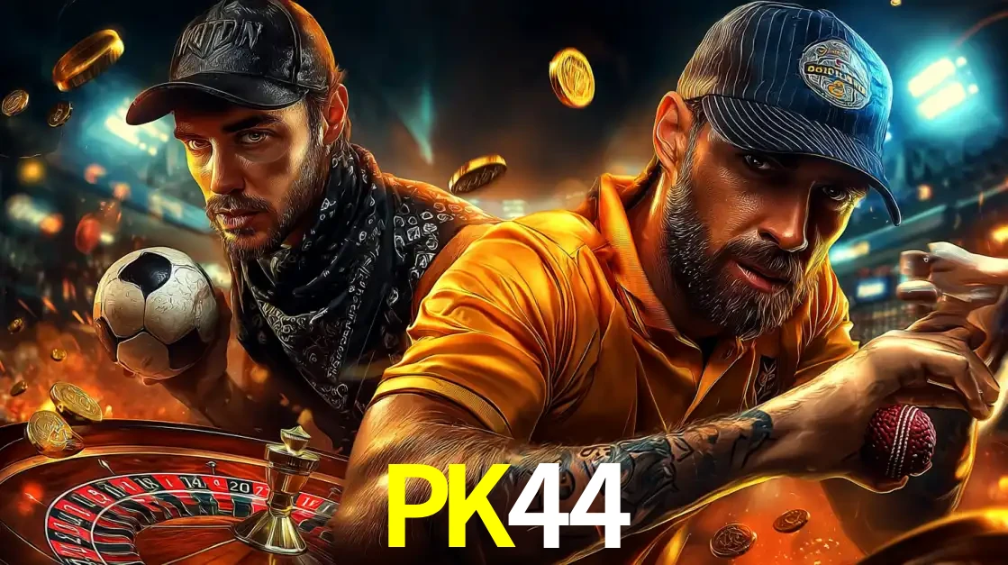 Montagem de apostas esportivas e cassino no PK44, com um homem segurando uma bola de futebol e outro uma de beisebol sobre uma roleta e moedas voadoras.