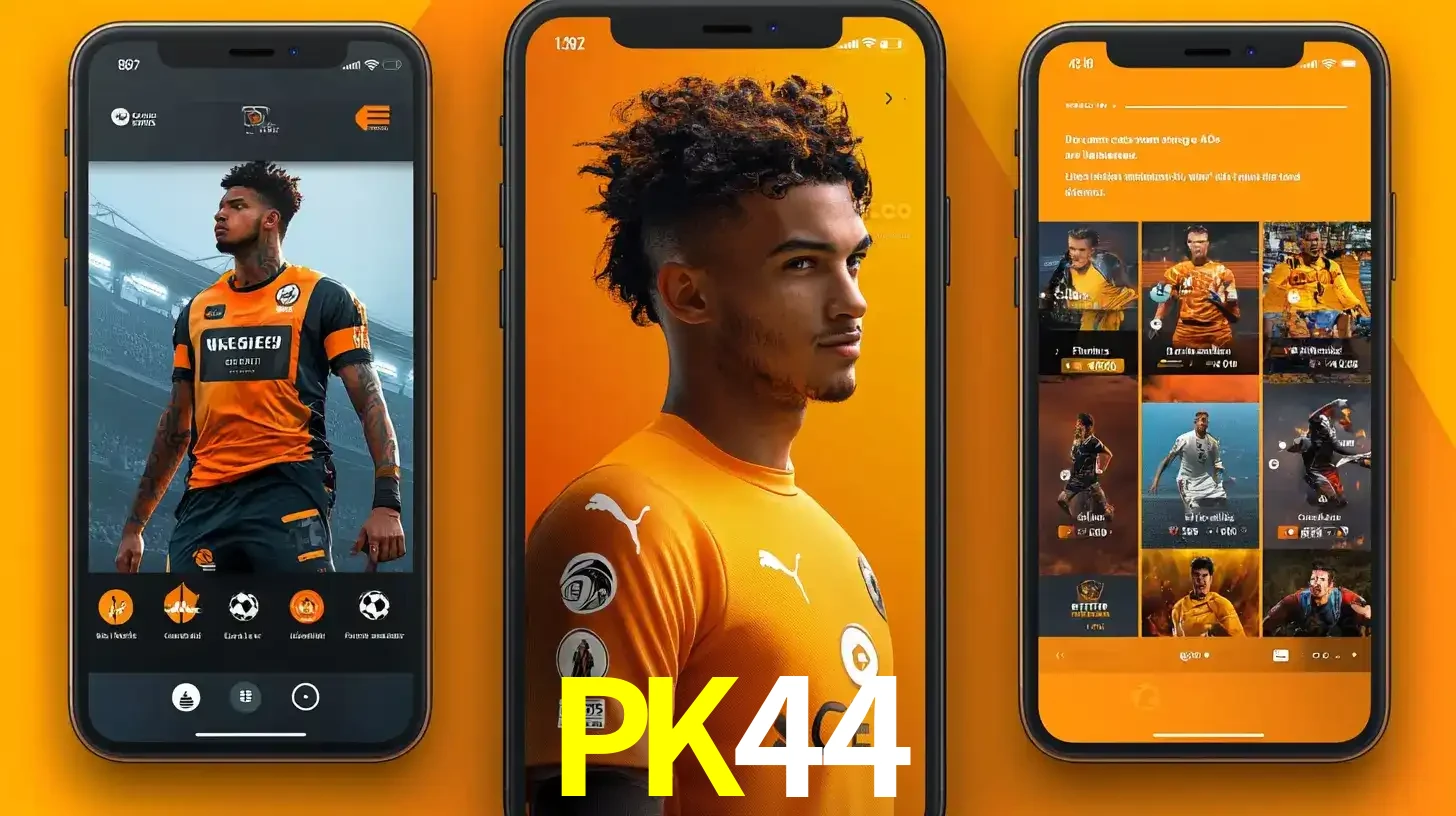 Interface do aplicativo de apostas esportivas PK44 em três telas de celular, mostrando o perfil de um jogador de futebol e a lista de jogos disponíveis para apostar.