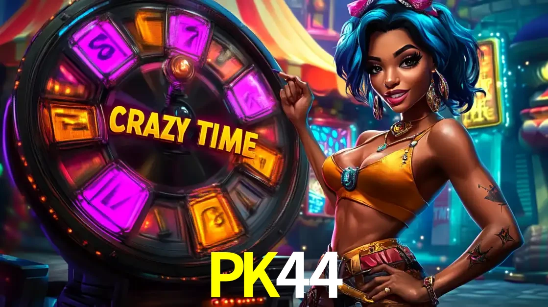 Mulher estilizada com cabelo azul e visual vibrante posando ao lado da roda de prêmios do game show Crazy Time, convidando para a diversão e os bônus do cassino PK44.