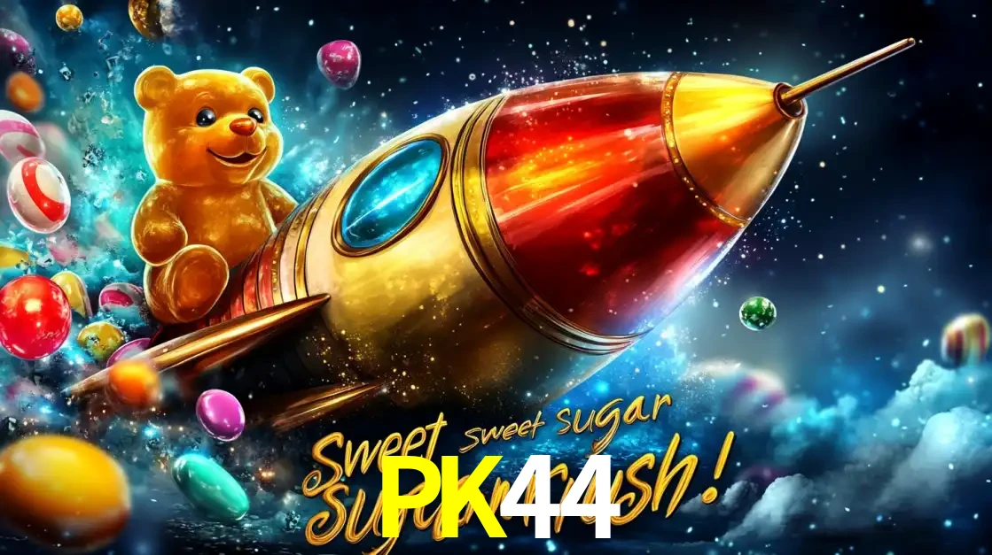 Arte promocional do jogo de slot Sugar Rush, com um urso de pelúcia em um foguete viajando pelo espaço de doces, um dos jogos divertidos disponíveis no cassino PK44.