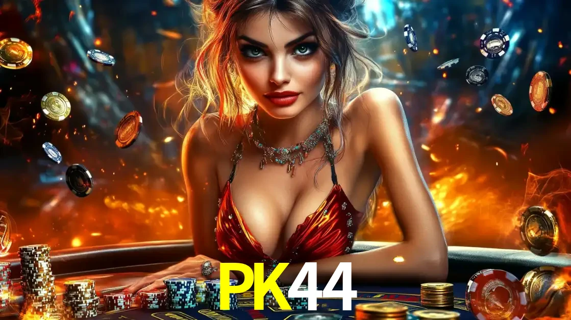 Mulher em uma mesa de cassino com pilhas de fichas e um fundo de fogo, pronta para uma rodada de altas apostas nos jogos de mesa emocionantes do cassino PK44.