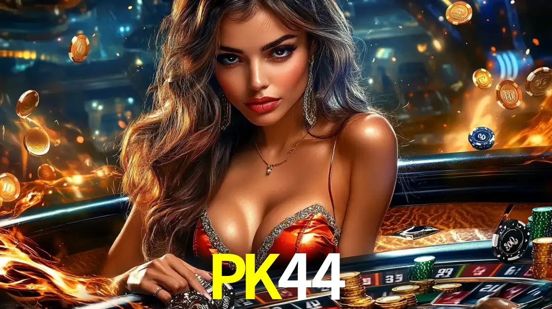 Mulher glamourosa em uma mesa de roleta com um fundo de chamas e moedas voadoras, pronta para fazer sua aposta e ganhar grandes prêmios no cassino ao vivo PK44.