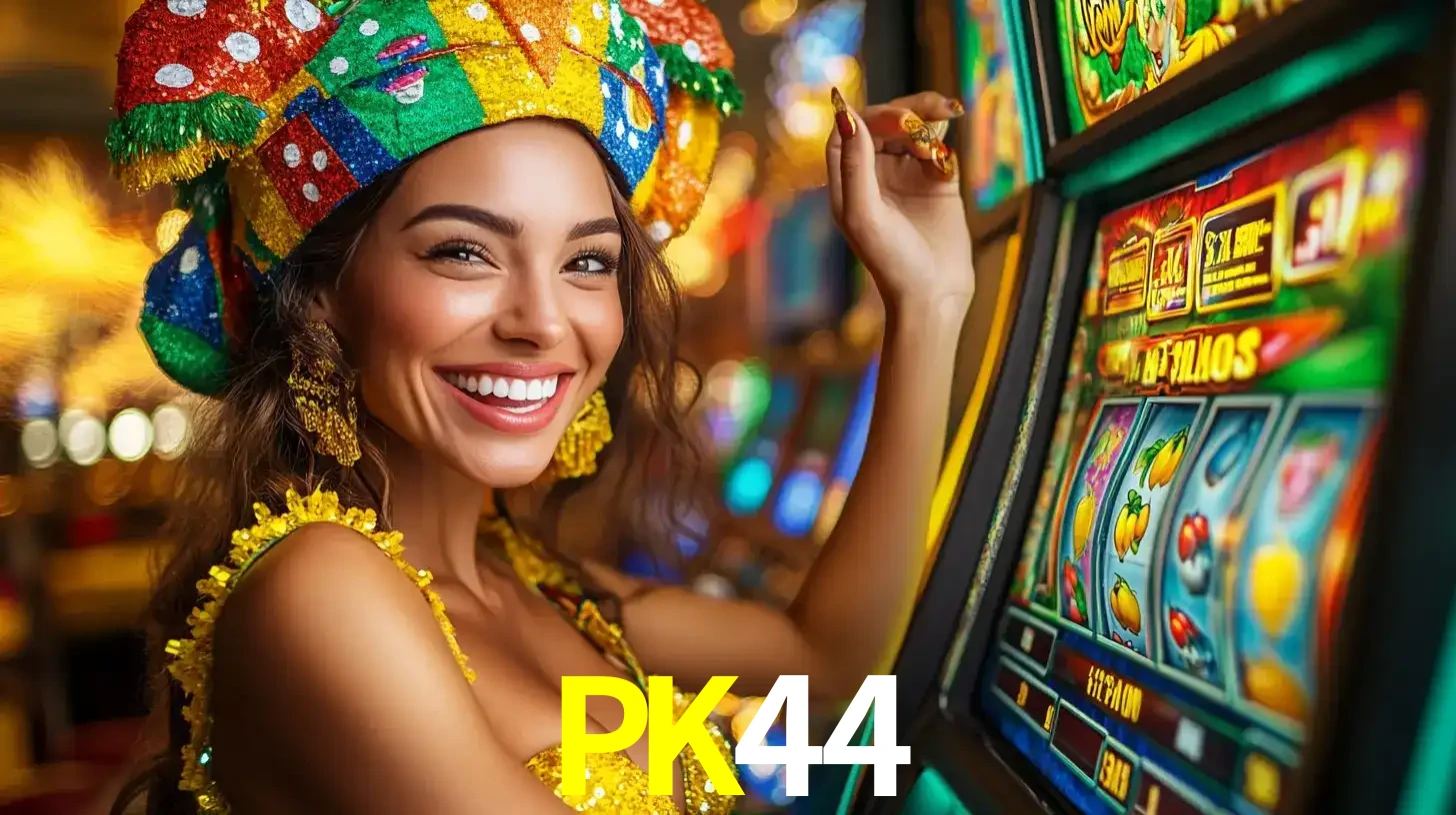 Mulher feliz com traje de carnaval amarelo e colorido ao lado de uma máquina de caça-níqueis, aproveitando a diversão e os jogos temáticos do cassino PK44.