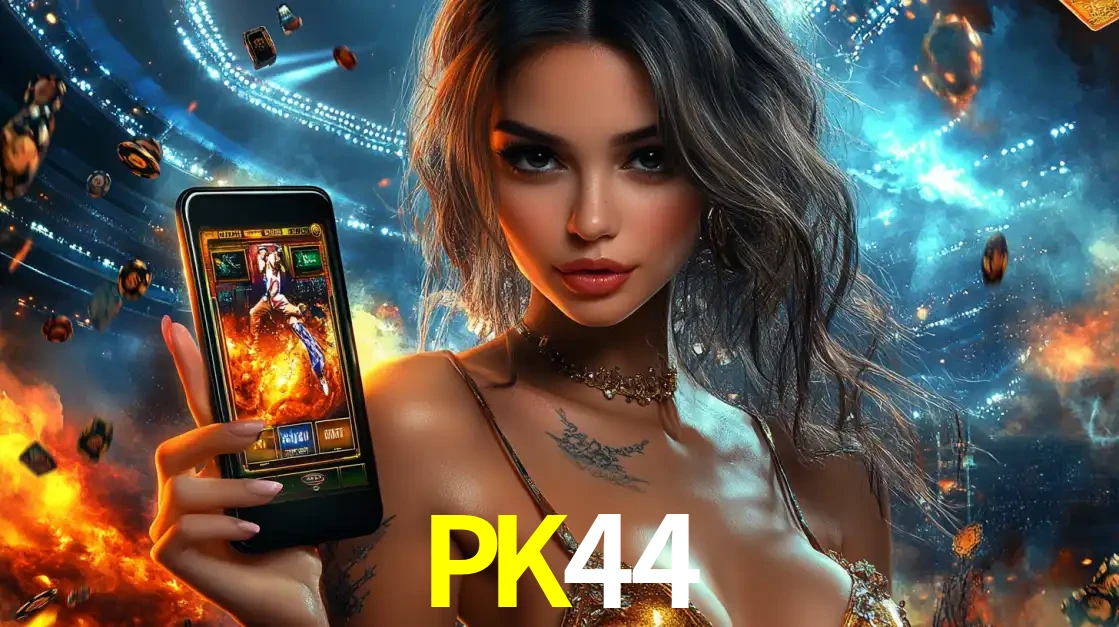 Mulher segurando um celular com um jogo de slot em destaque, tendo como fundo um estádio vibrante, simbolizando a emoção de jogar no cassino móvel PK44.