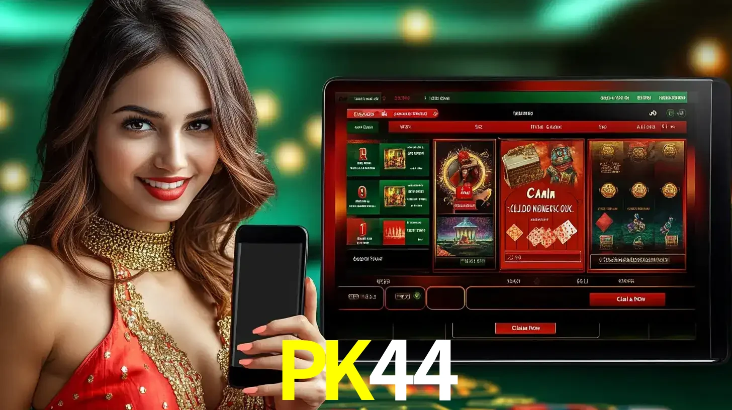 Mulher sorridente segurando um smartphone, ao lado de uma tela exibindo o lobby de jogos do cassino online PK44, com várias opções de jogos de cartas e slots.